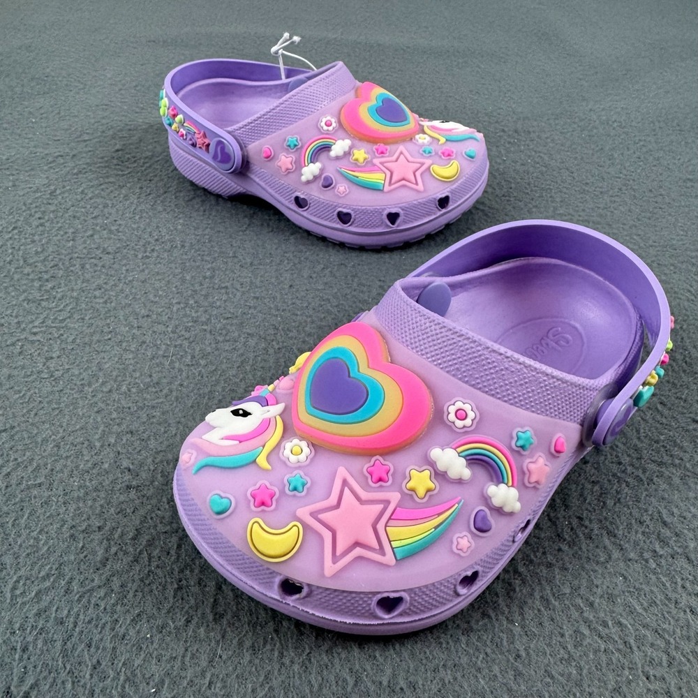SKECHERS Light Up FOAMIES heart charmer Girly Land slip on CLOGS purple - 7 KIDS